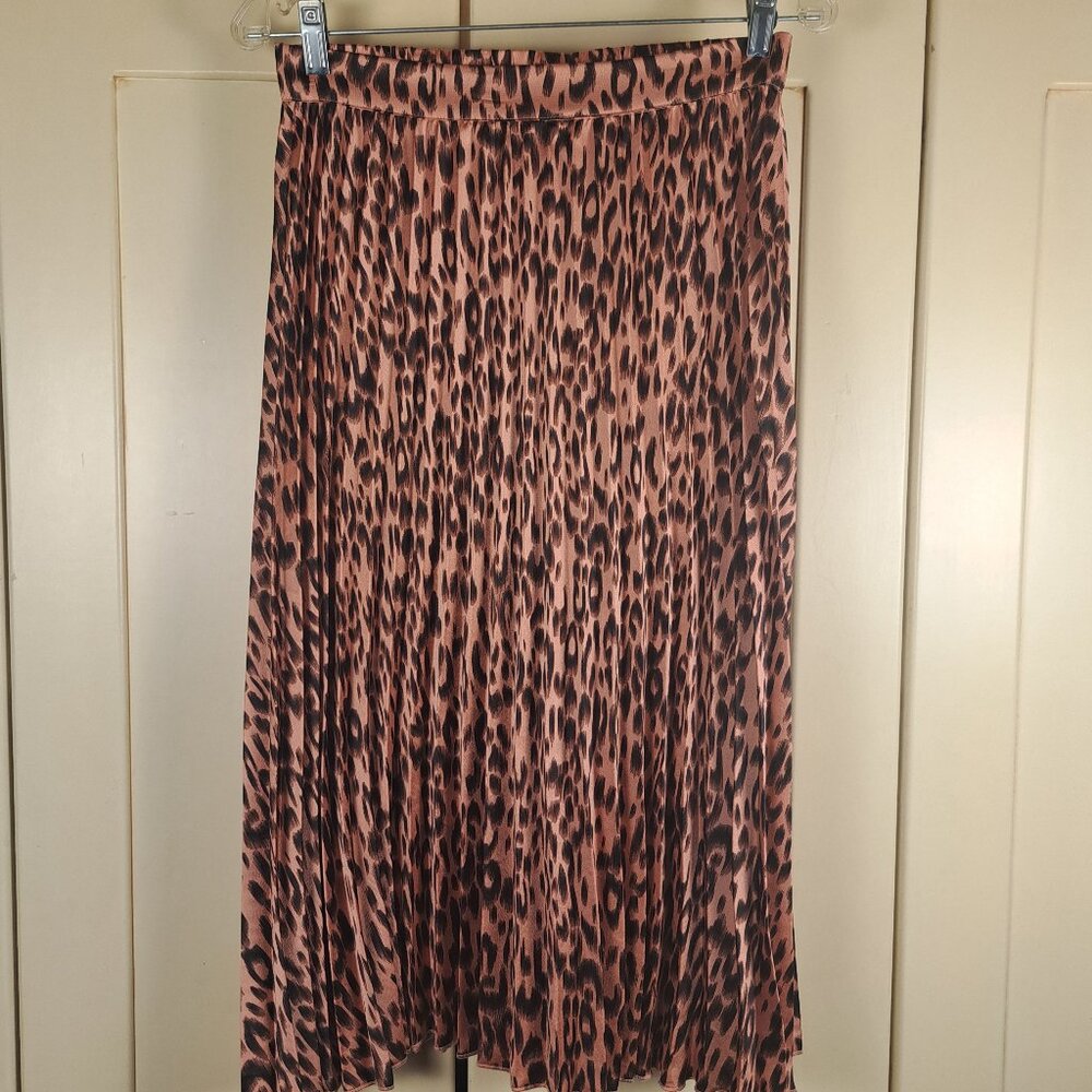 PEYTON JENSEN Pleated Animal Print Salmon Pink Black Midi Skirt Silky Size Small